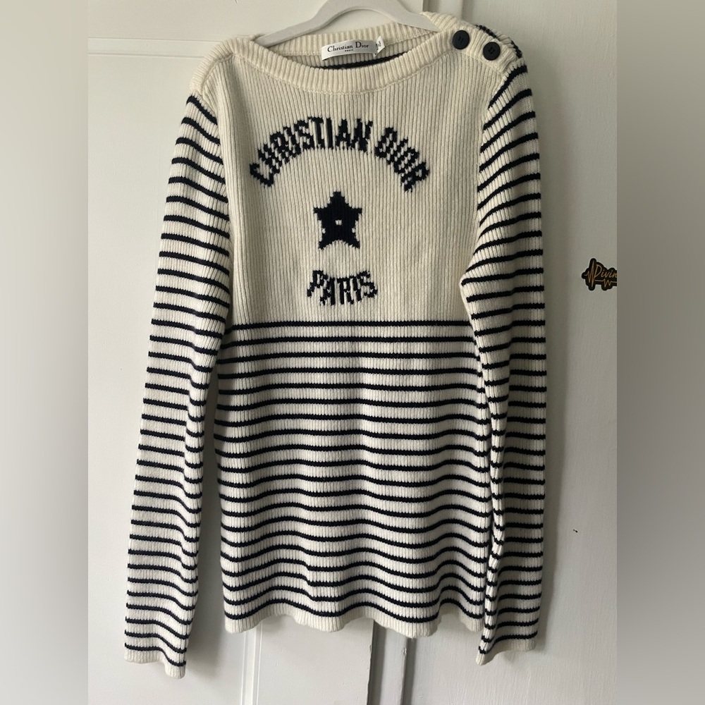 Dior Women's Cream and Black Striped Crewneck Sweater